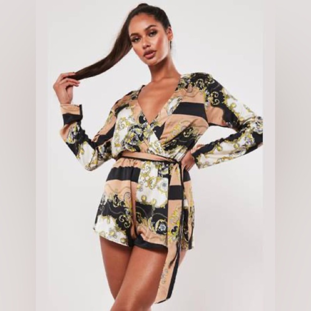 Missguided Satin Scarf Print Long Sleeve Romper